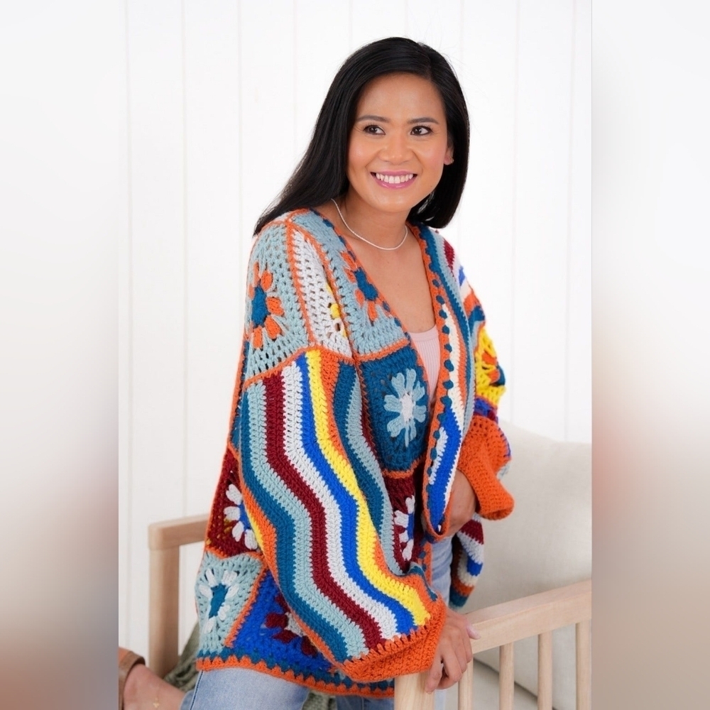 NWT POL Crochet Knit Granny Square Floral Open Cardigan Retro 70s Boho - Picture 8 of 8